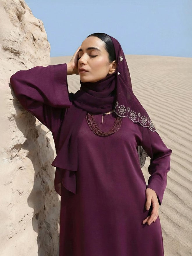 ISHIN Purple Georgette Regular Abaya with Embellished Hijab - Image 1